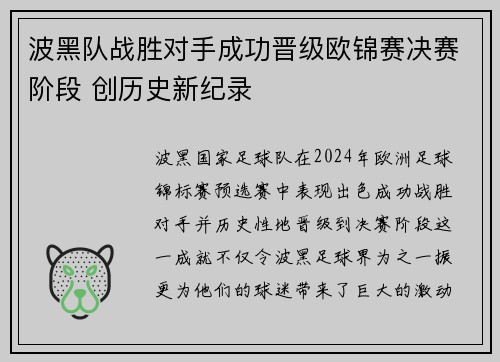 波黑队战胜对手成功晋级欧锦赛决赛阶段 创历史新纪录