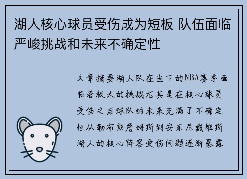 湖人核心球员受伤成为短板 队伍面临严峻挑战和未来不确定性