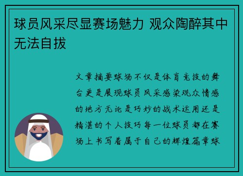 球员风采尽显赛场魅力 观众陶醉其中无法自拔