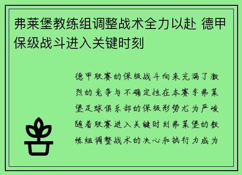 弗莱堡教练组调整战术全力以赴 德甲保级战斗进入关键时刻
