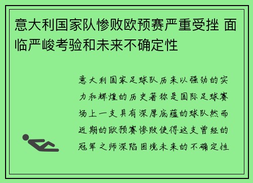 意大利国家队惨败欧预赛严重受挫 面临严峻考验和未来不确定性