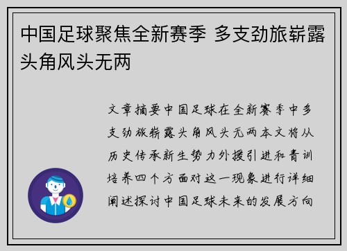 中国足球聚焦全新赛季 多支劲旅崭露头角风头无两