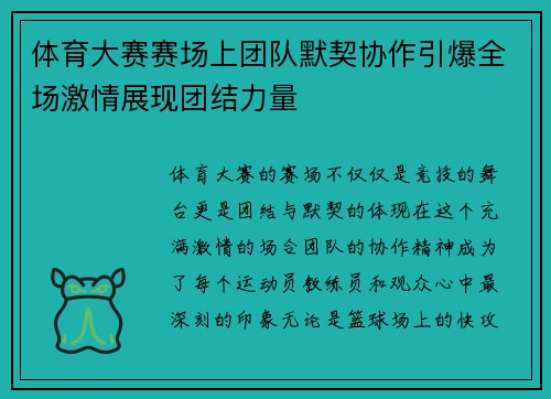 体育大赛赛场上团队默契协作引爆全场激情展现团结力量
