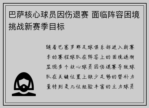 巴萨核心球员因伤退赛 面临阵容困境挑战新赛季目标